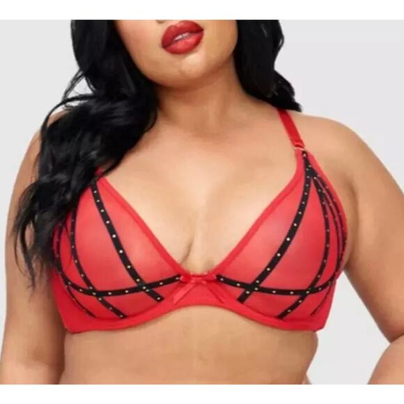NWT! Frederick's of Hollywood Rozlyn Sheer Red Mesh and Stud Bra 34DD - Picture 1 of 5
